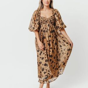 Chic Floral Tan Maxi Dress